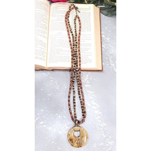 90s Natural Stone & Large Pendant Necklace Chakra Healing Donut Bead Layered - Picture 6 of 6